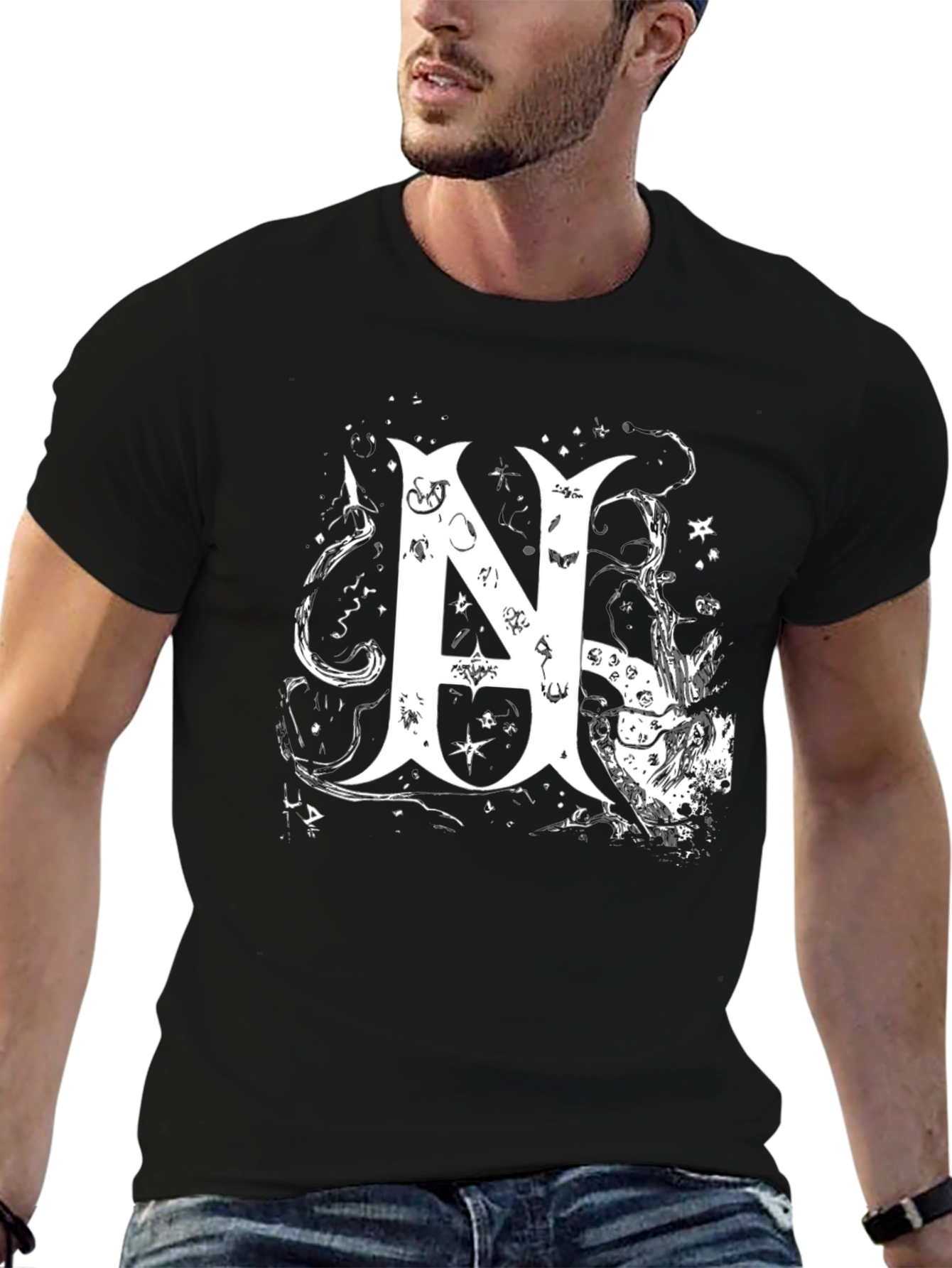 Black Tee with White Abstract Letter N Design