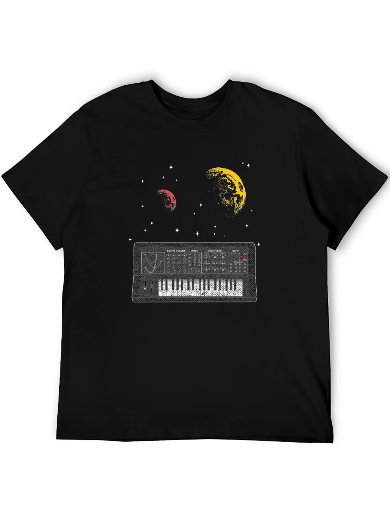 Space Synth Black T-Shirt - Retro Music Design