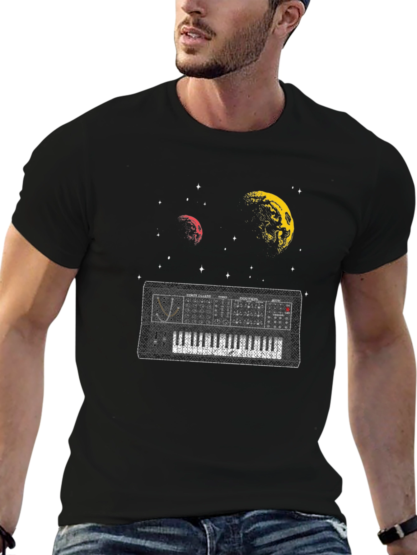 Space Synth Black T-Shirt - Retro Music Design