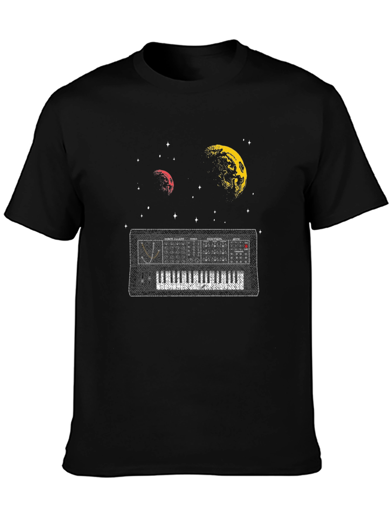 Space Synth Black T-Shirt - Retro Music Design