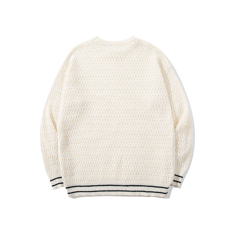 Style Solid Color Round Neck Hollow Knit Sweater Unisex Long Sleeve Loose Fit Casual Pullover