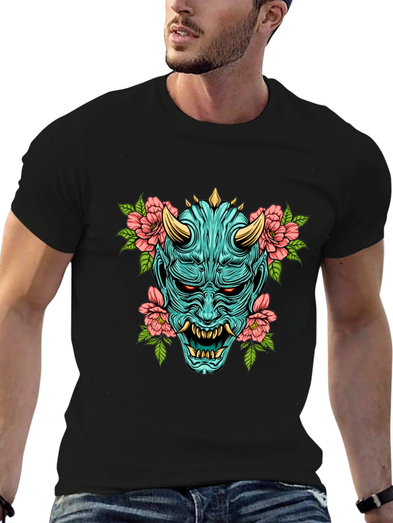 Oni Mask Floral Graphic T-Shirt