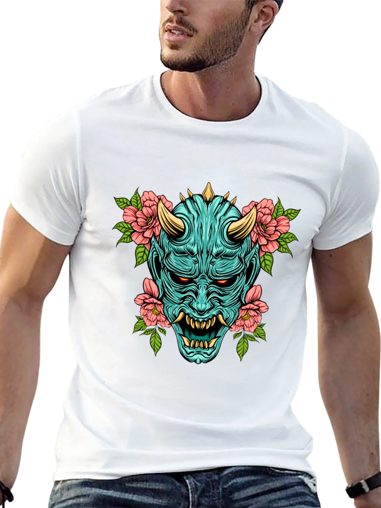 Oni Mask Floral Graphic T-Shirt
