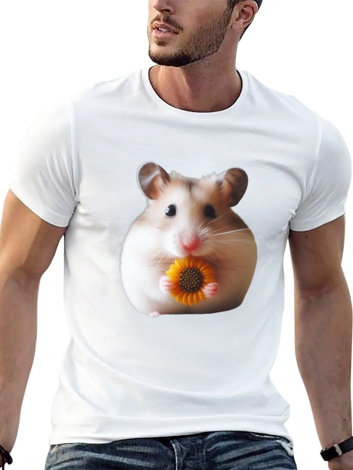 Hamster Holding Flower Graphic T-Shirt - Unisex Casual Tee