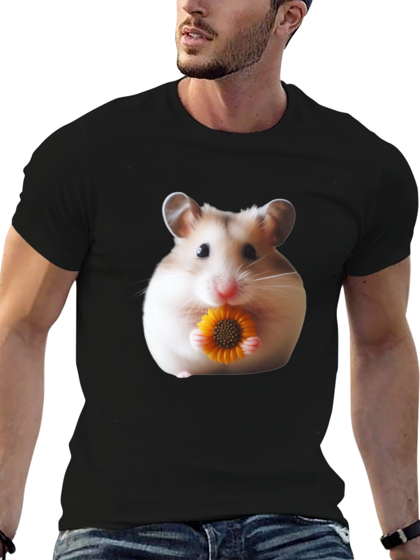 Hamster Holding Flower Graphic T-Shirt - Unisex Casual Tee