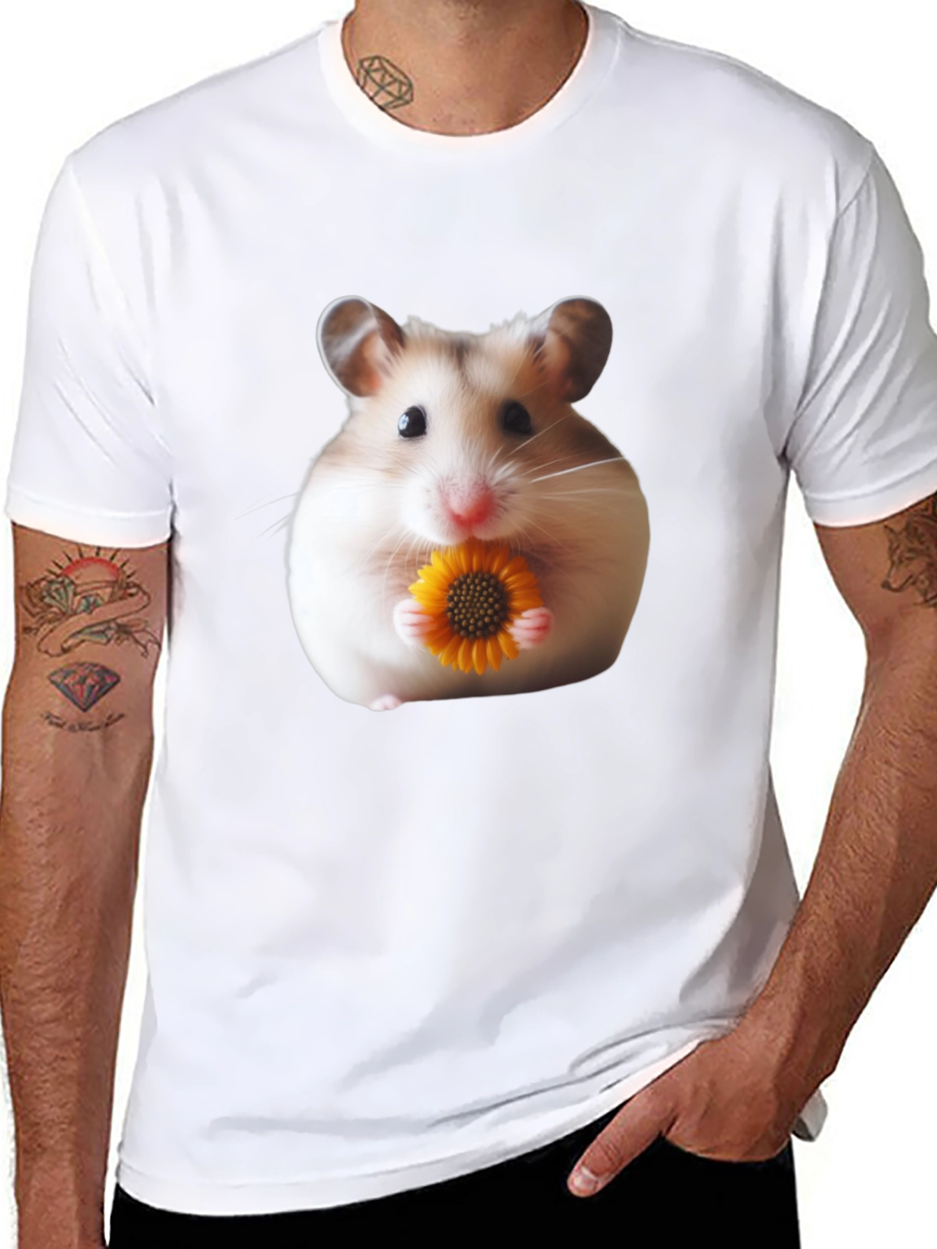 Hamster Holding Flower Graphic T-Shirt - Unisex Casual Tee