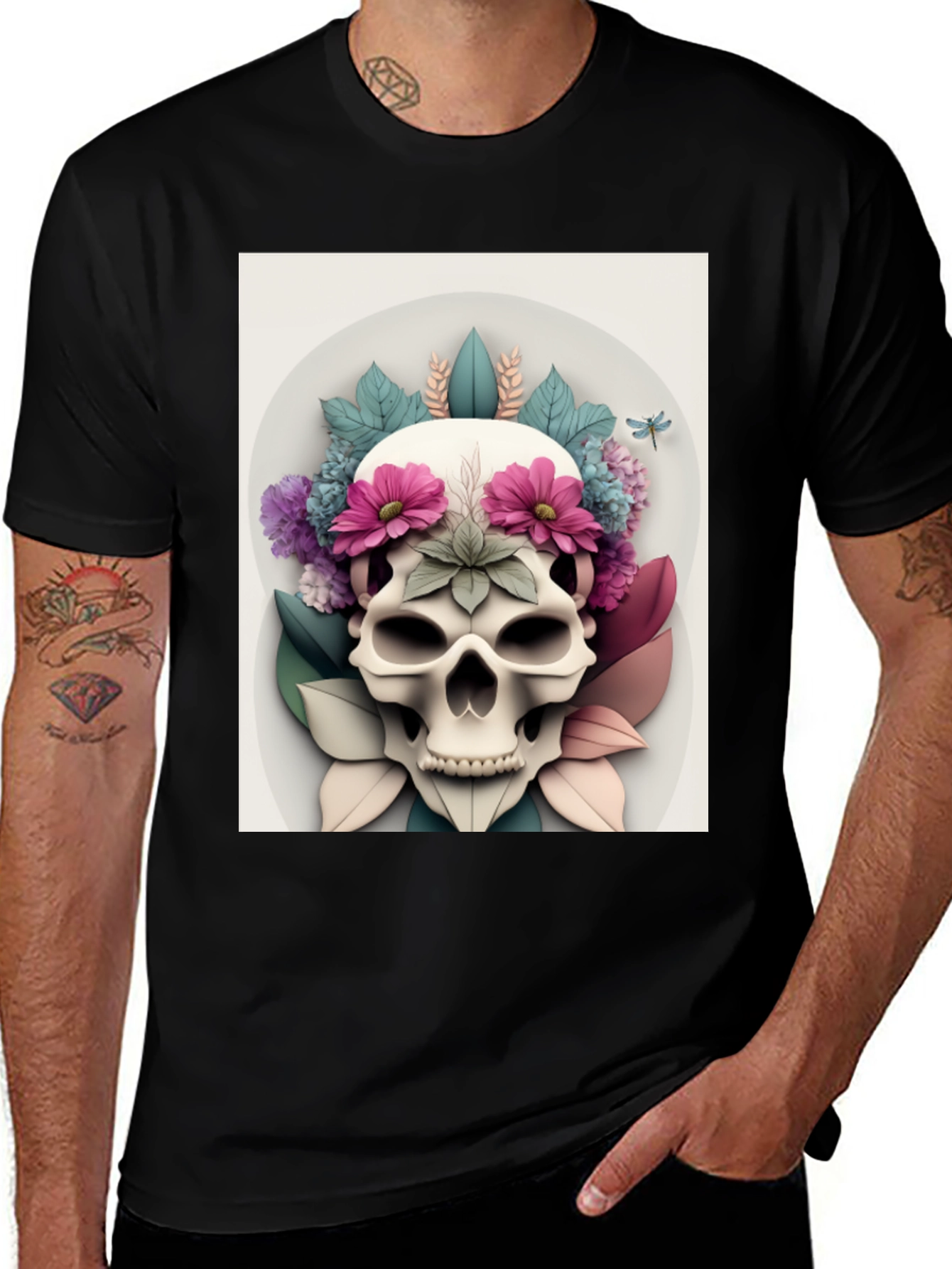 Floral Skull Graphic Tee - Mens Black T-Shirt