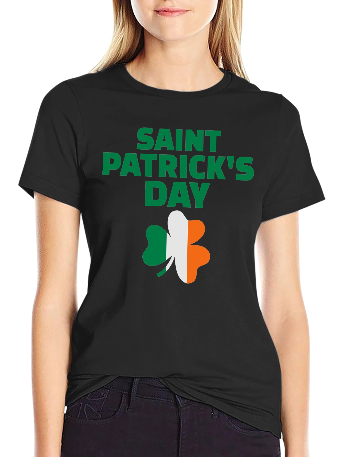 St. Patricks Day Black T-Shirt with Shamrock Design