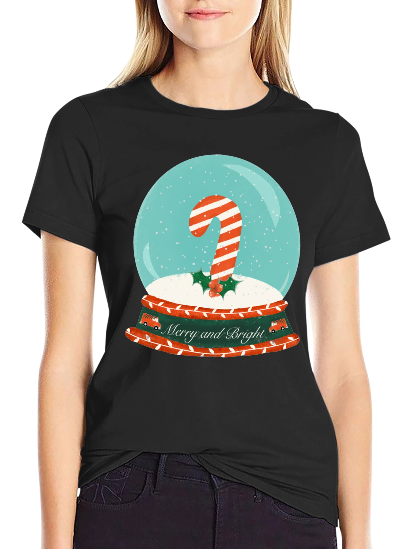 Merry & Bright Christmas Candy Cane Snow Globe T-Shirt