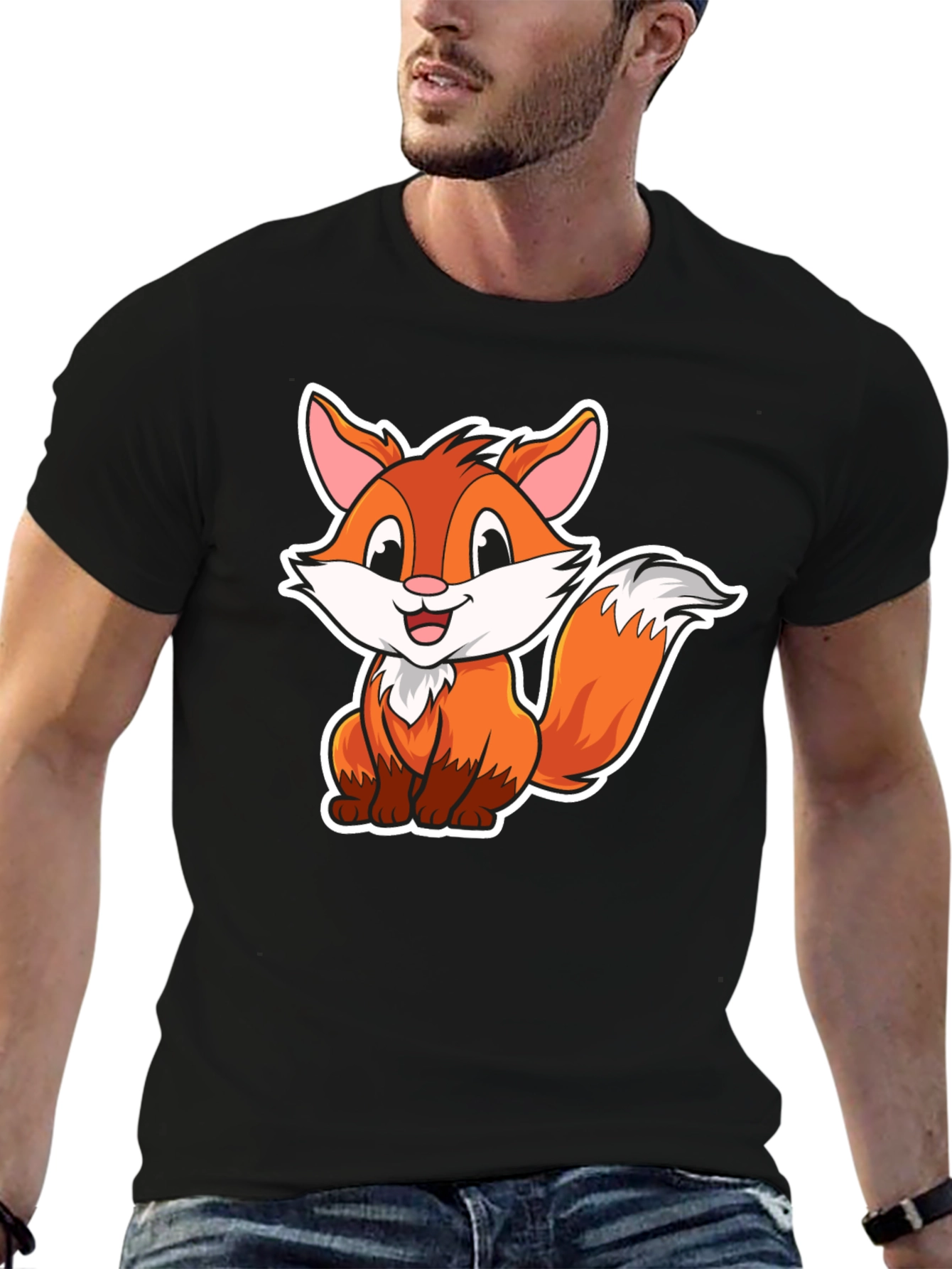 Cute Cartoon Fox Graphic Tee - Black Cotton Shirt