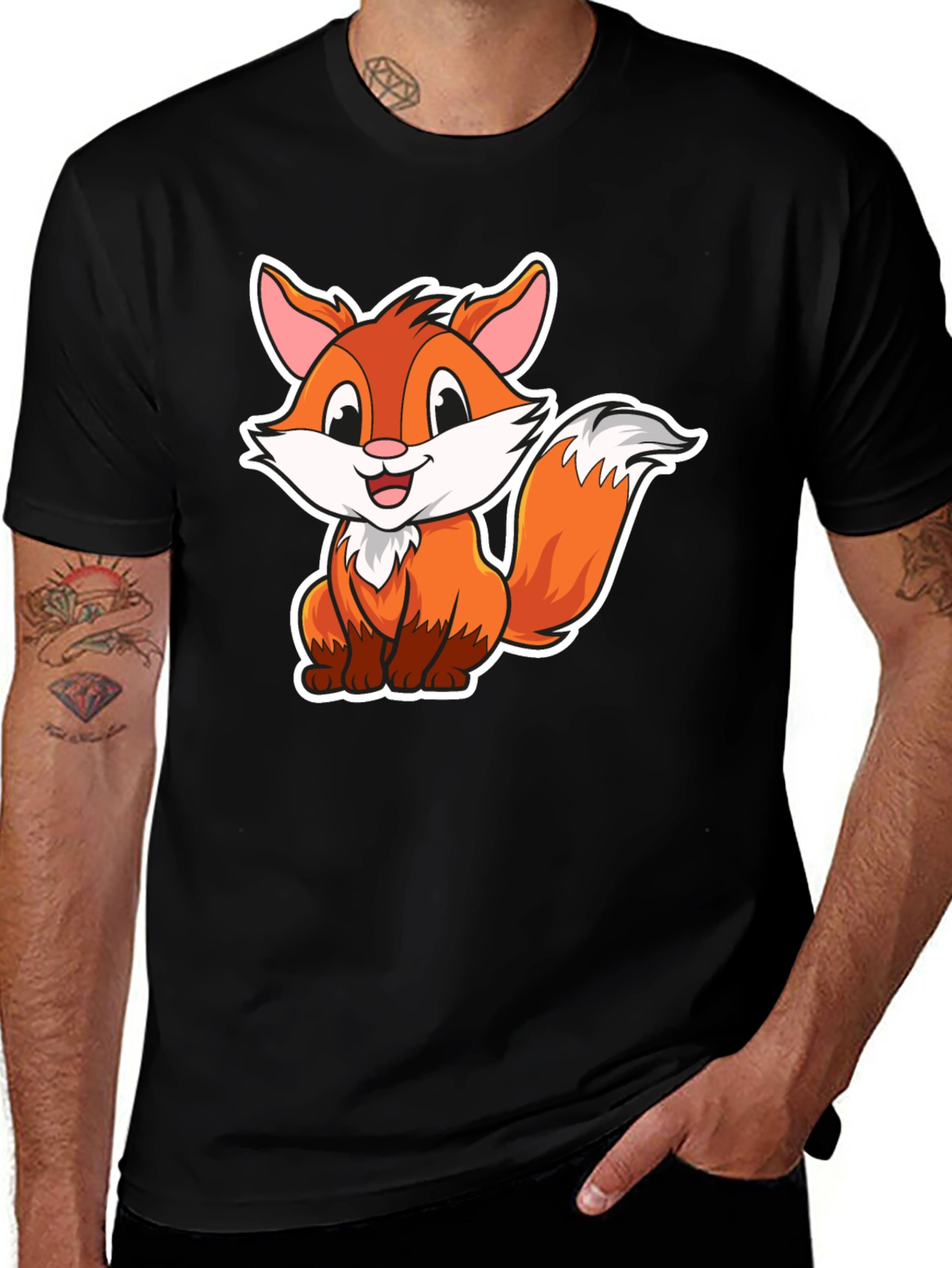 Cute Cartoon Fox Graphic Tee - Black Cotton Shirt