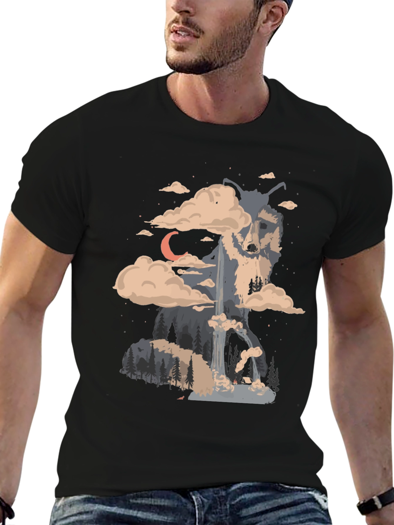 Wolf Landscape Print Black T-Shirt