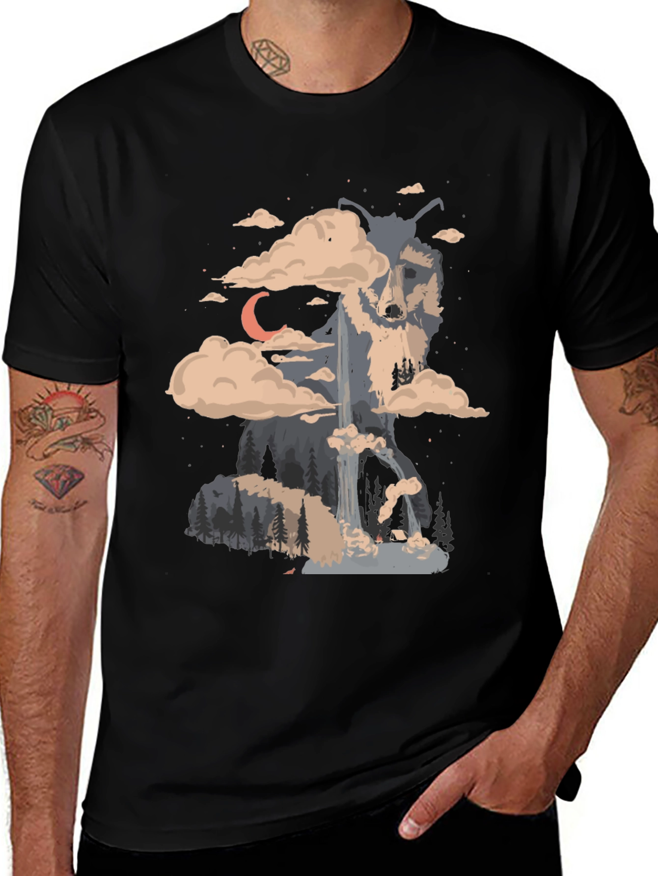 Wolf Landscape Print Black T-Shirt