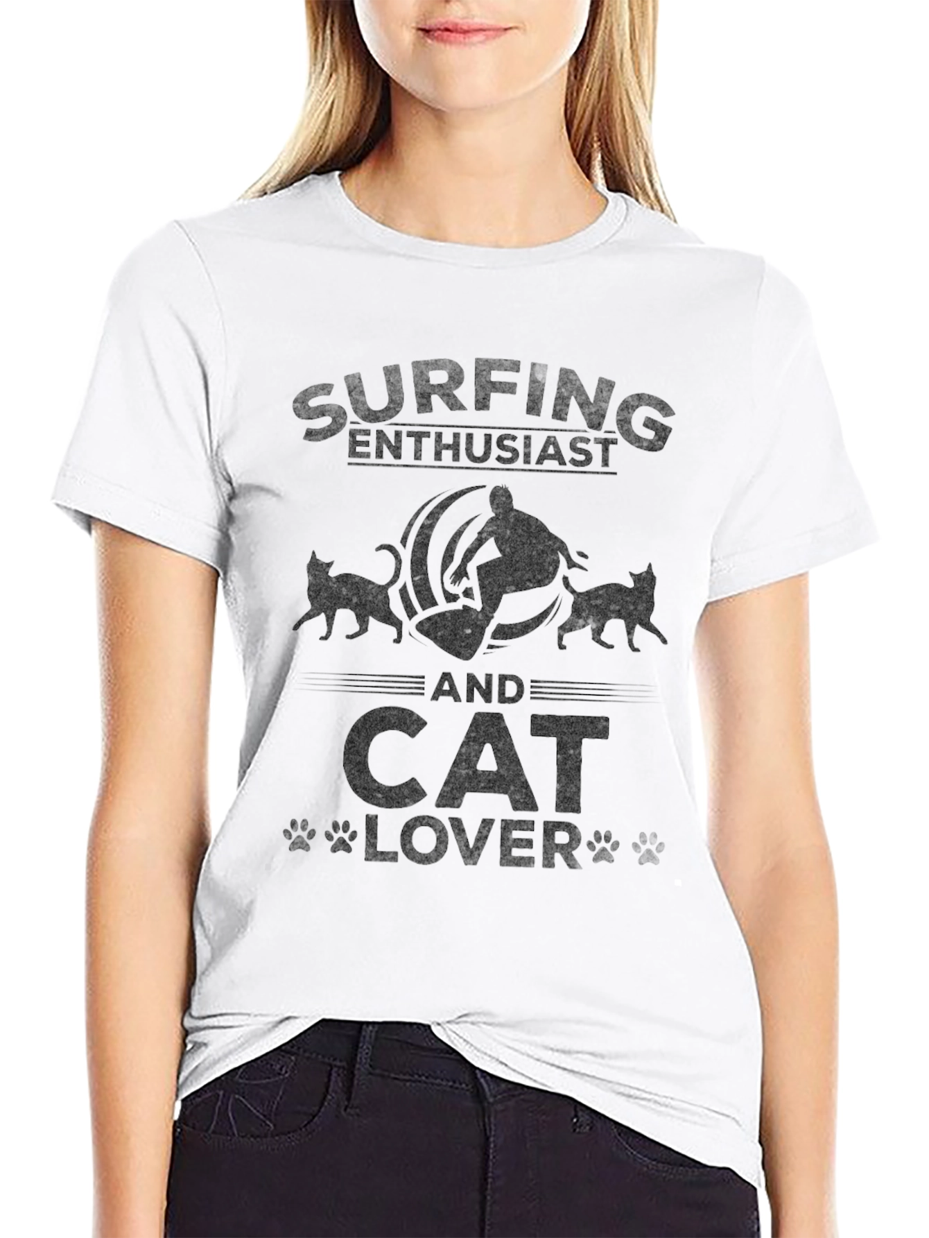Surfing and Cat Lover Black T-Shirt