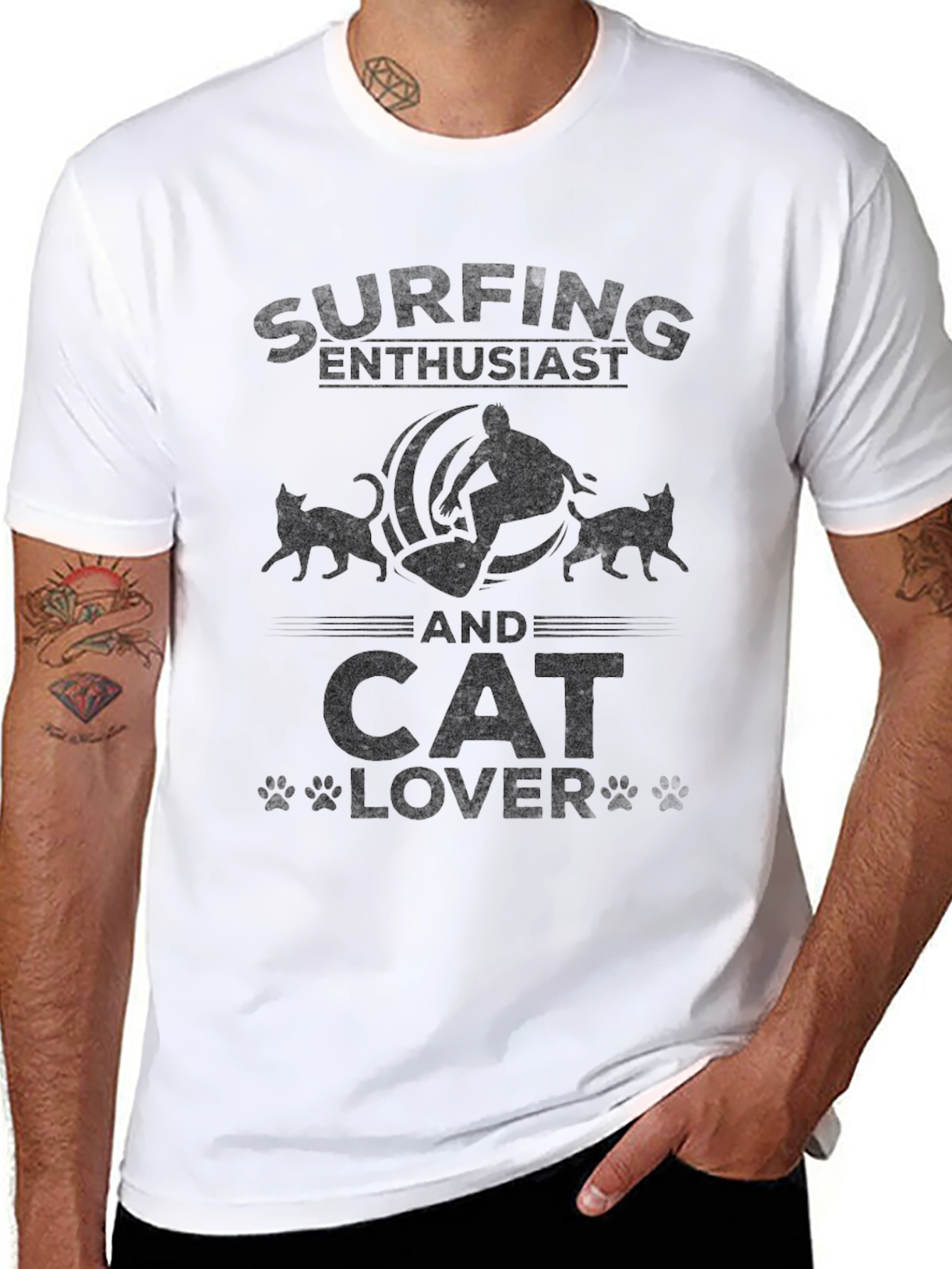 Surfing and Cat Lover Black T-Shirt