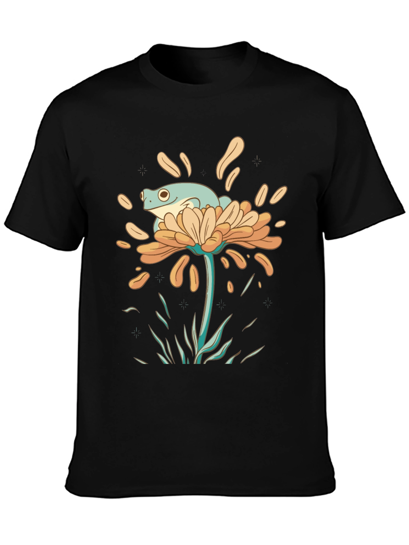 Frog on Flower Graphic Tee - Black Cotton T-Shirt