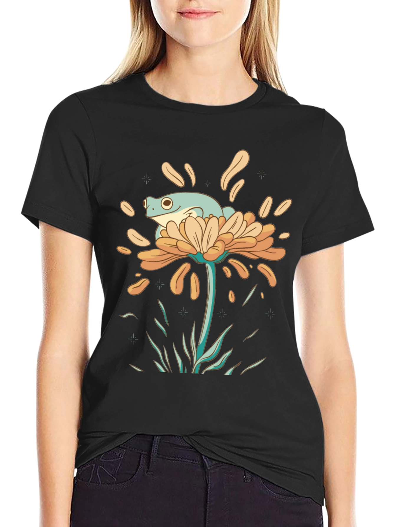 Frog on Flower Graphic Tee - Black Cotton T-Shirt