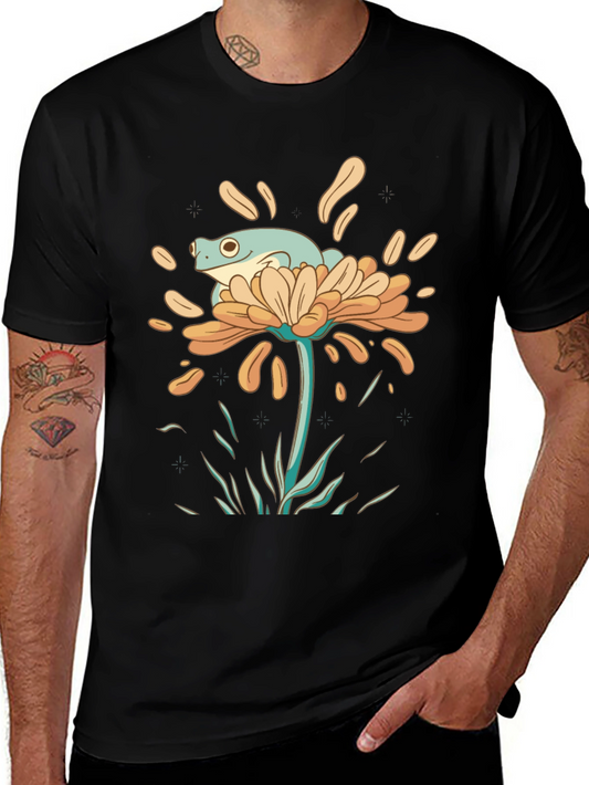 Frog on Flower Graphic Tee - Black Cotton T-Shirt