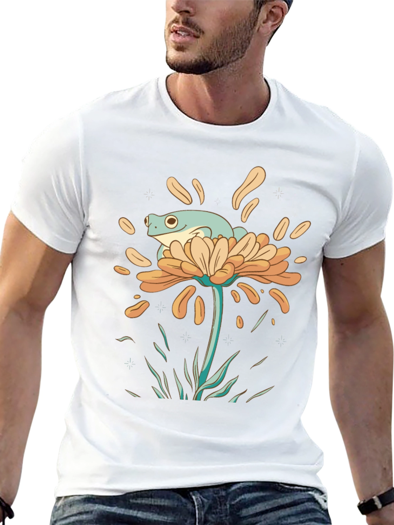 Frog on Flower Graphic Tee - Black Cotton T-Shirt