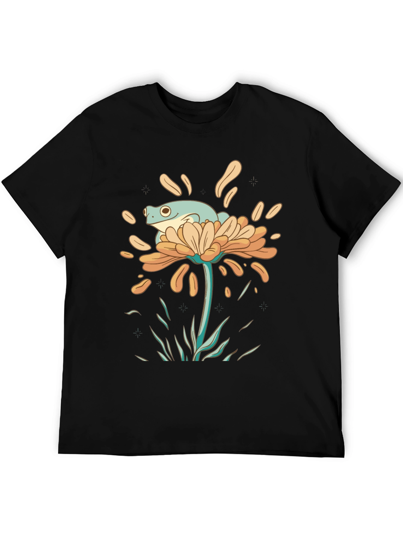 Frog on Flower Graphic Tee - Black Cotton T-Shirt