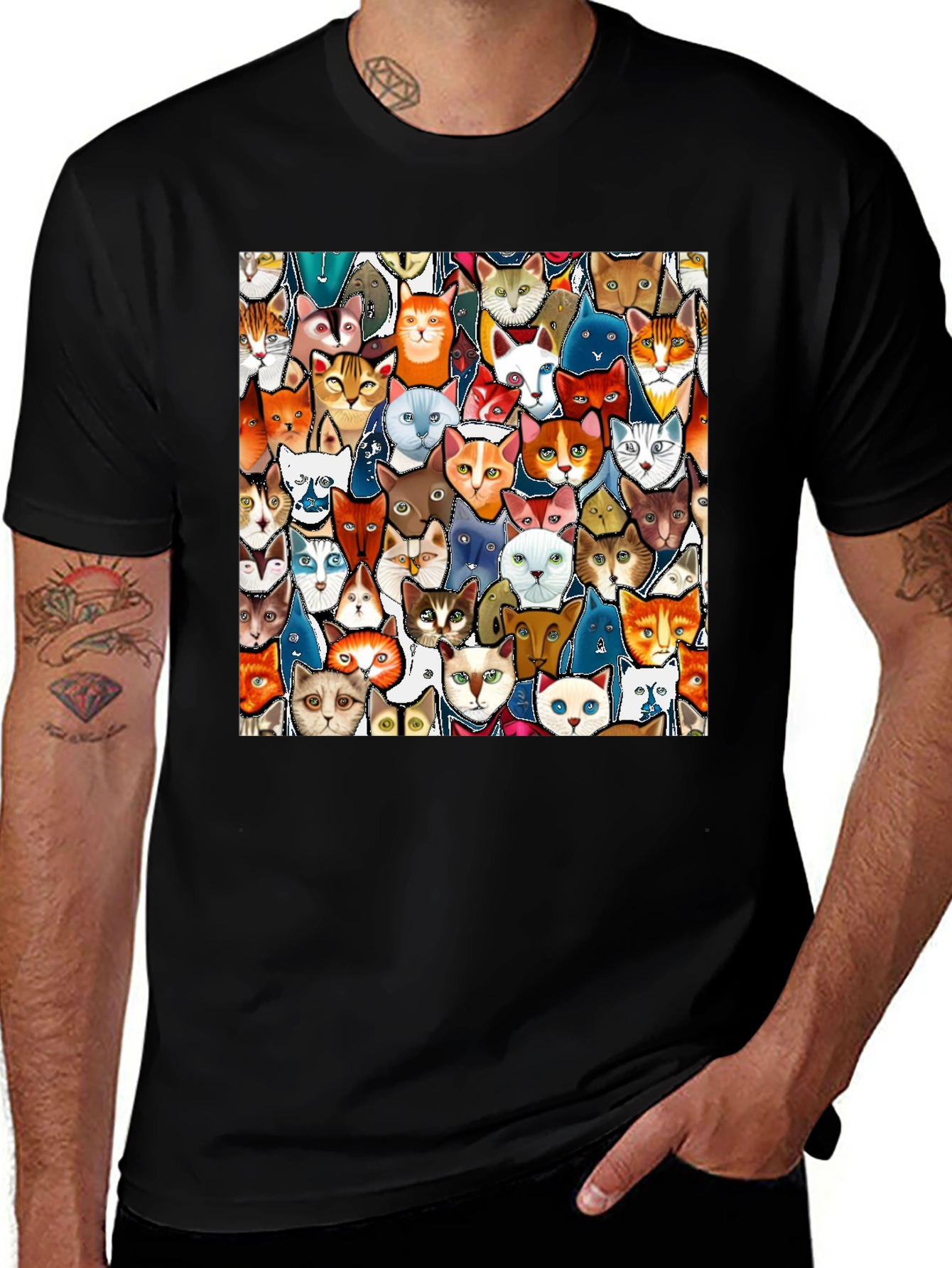 Cat Faces Graphic Print Mens Black T-Shirt