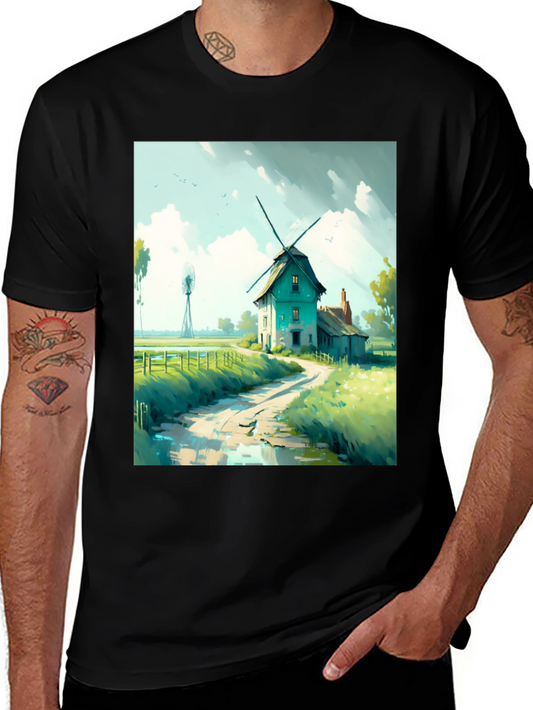 Windmill Landscape Graphic Tee - Black Cotton Blend