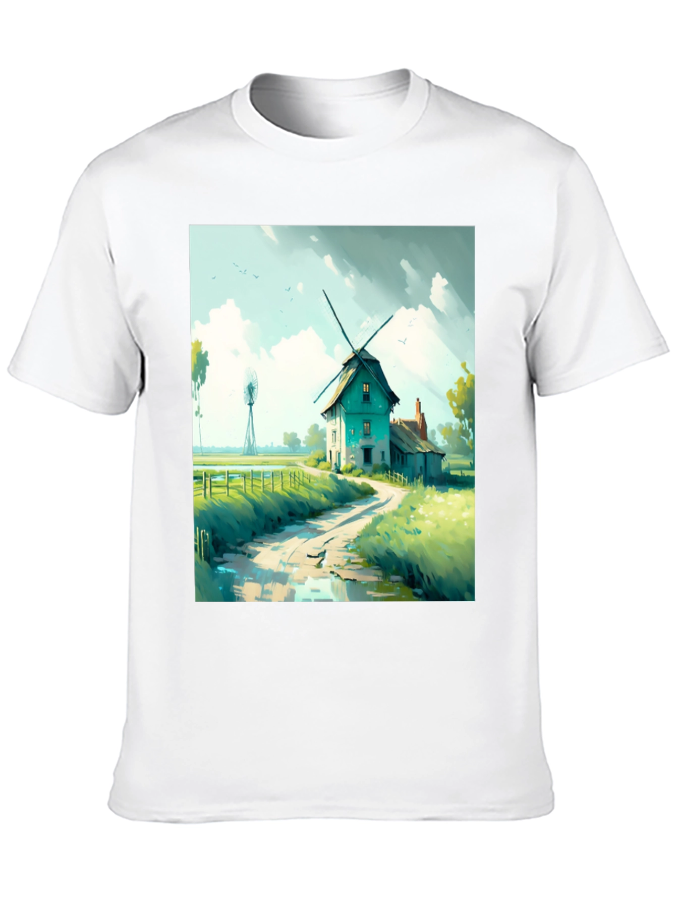 Windmill Landscape Graphic Tee - Black Cotton Blend