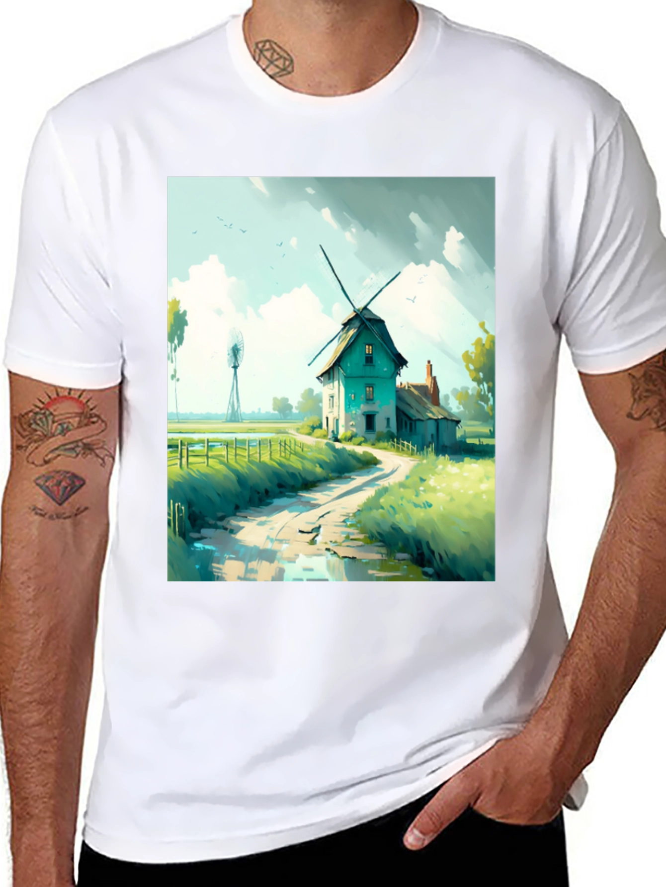 Windmill Landscape Graphic Tee - Black Cotton Blend