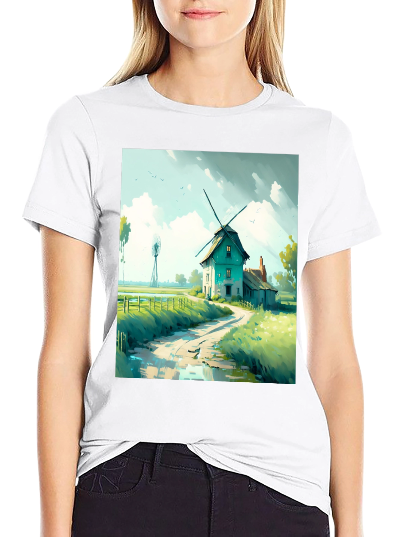 Windmill Landscape Graphic Tee - Black Cotton Blend