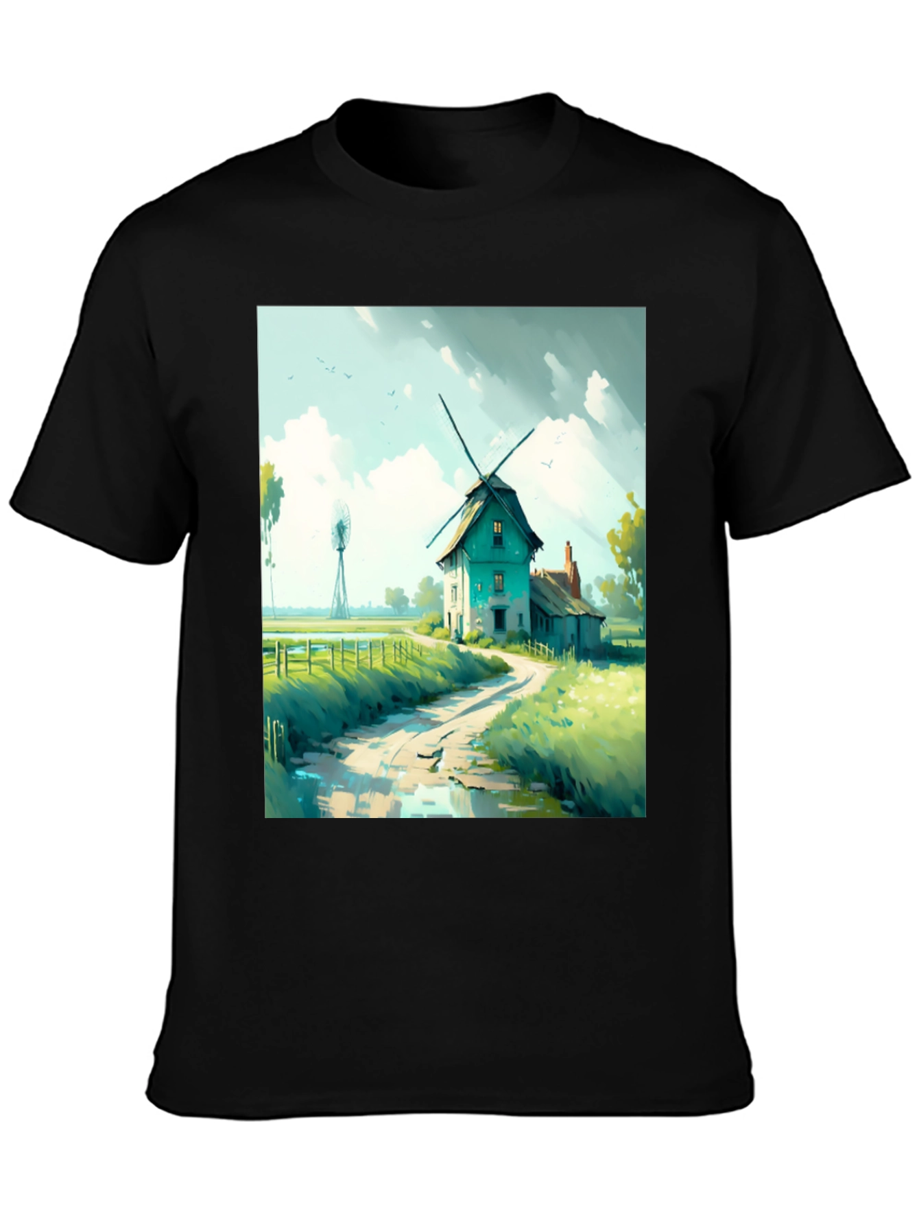 Windmill Landscape Graphic Tee - Black Cotton Blend