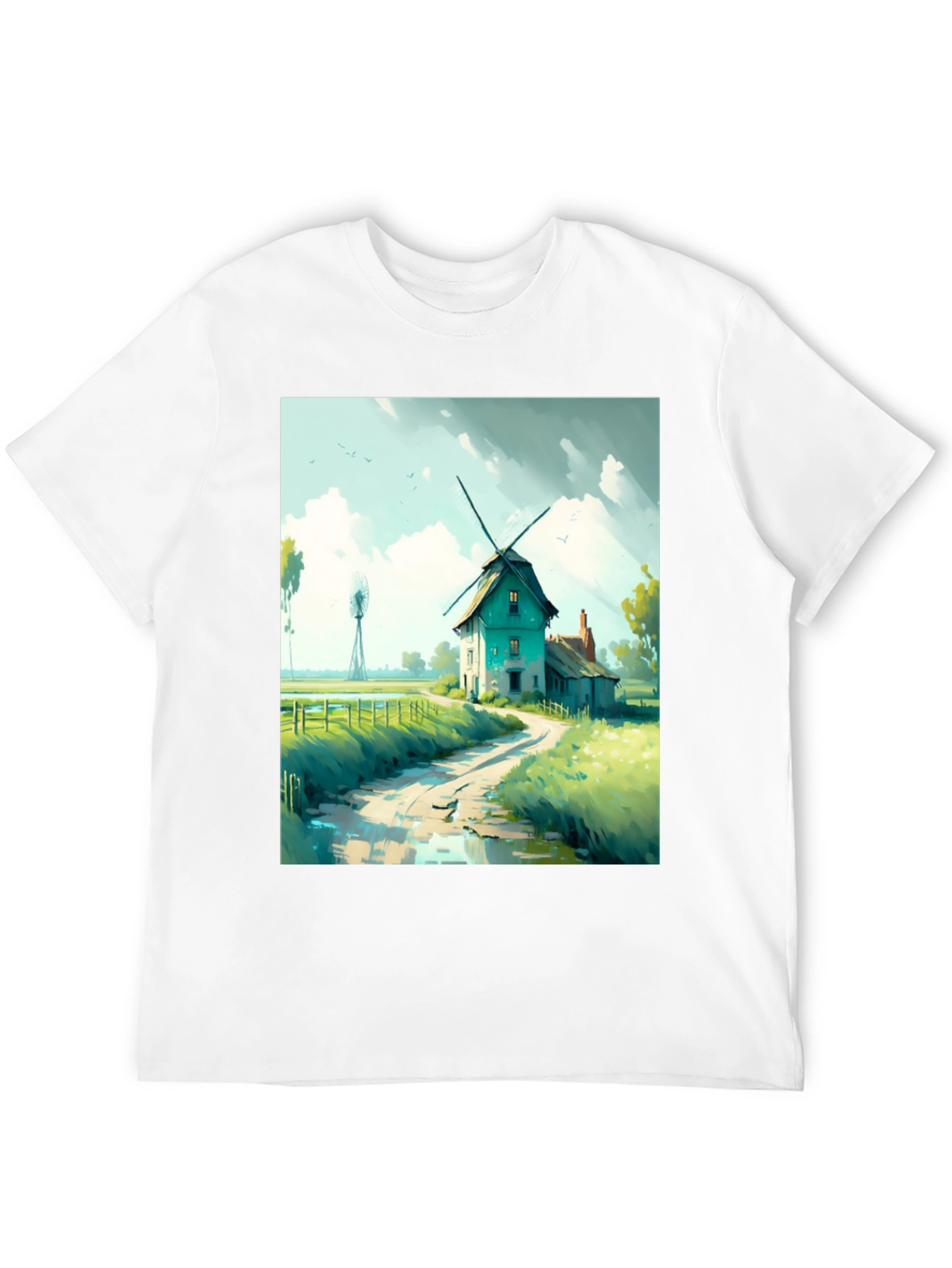 Windmill Landscape Graphic Tee - Black Cotton Blend