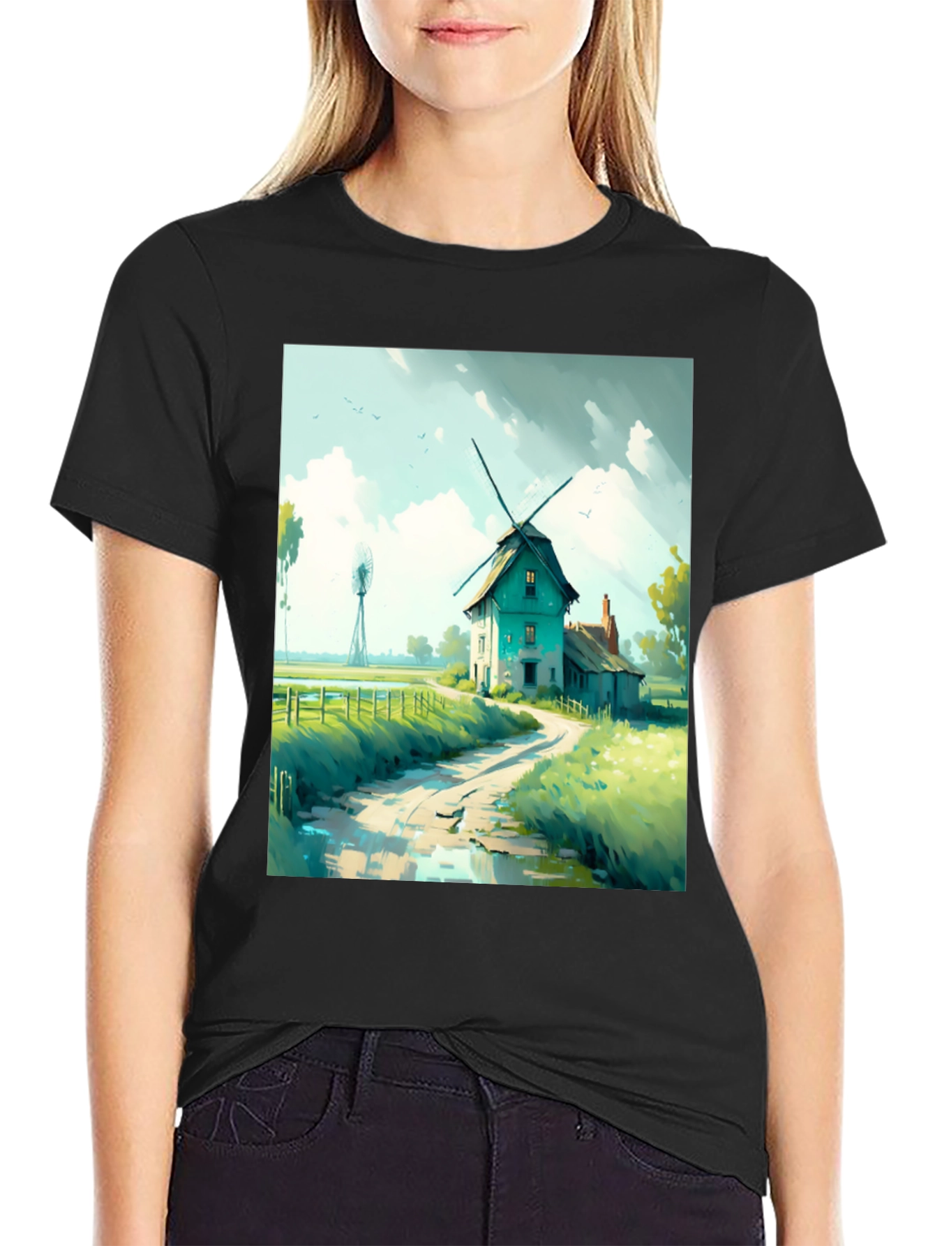 Windmill Landscape Graphic Tee - Black Cotton Blend