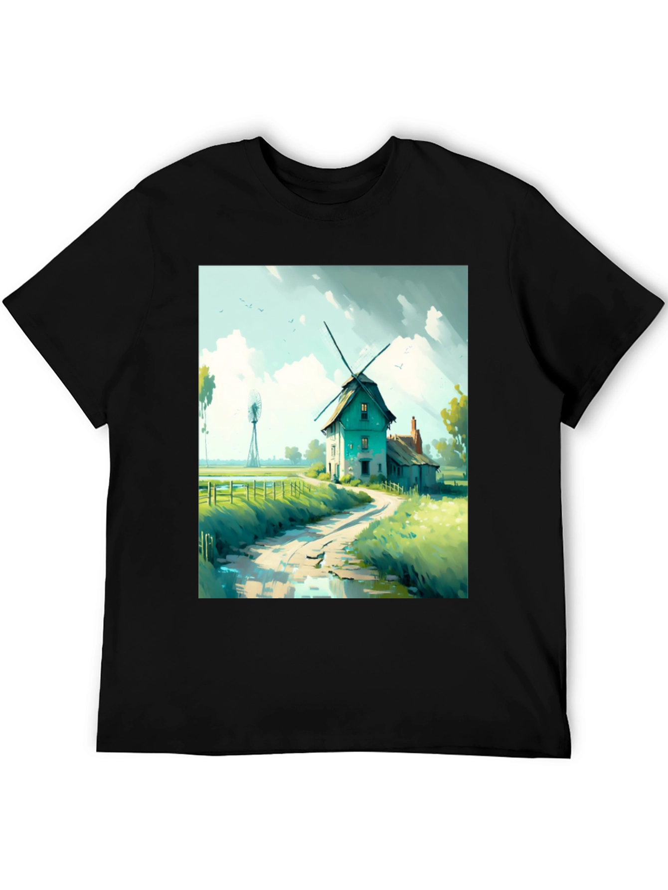 Windmill Landscape Graphic Tee - Black Cotton Blend