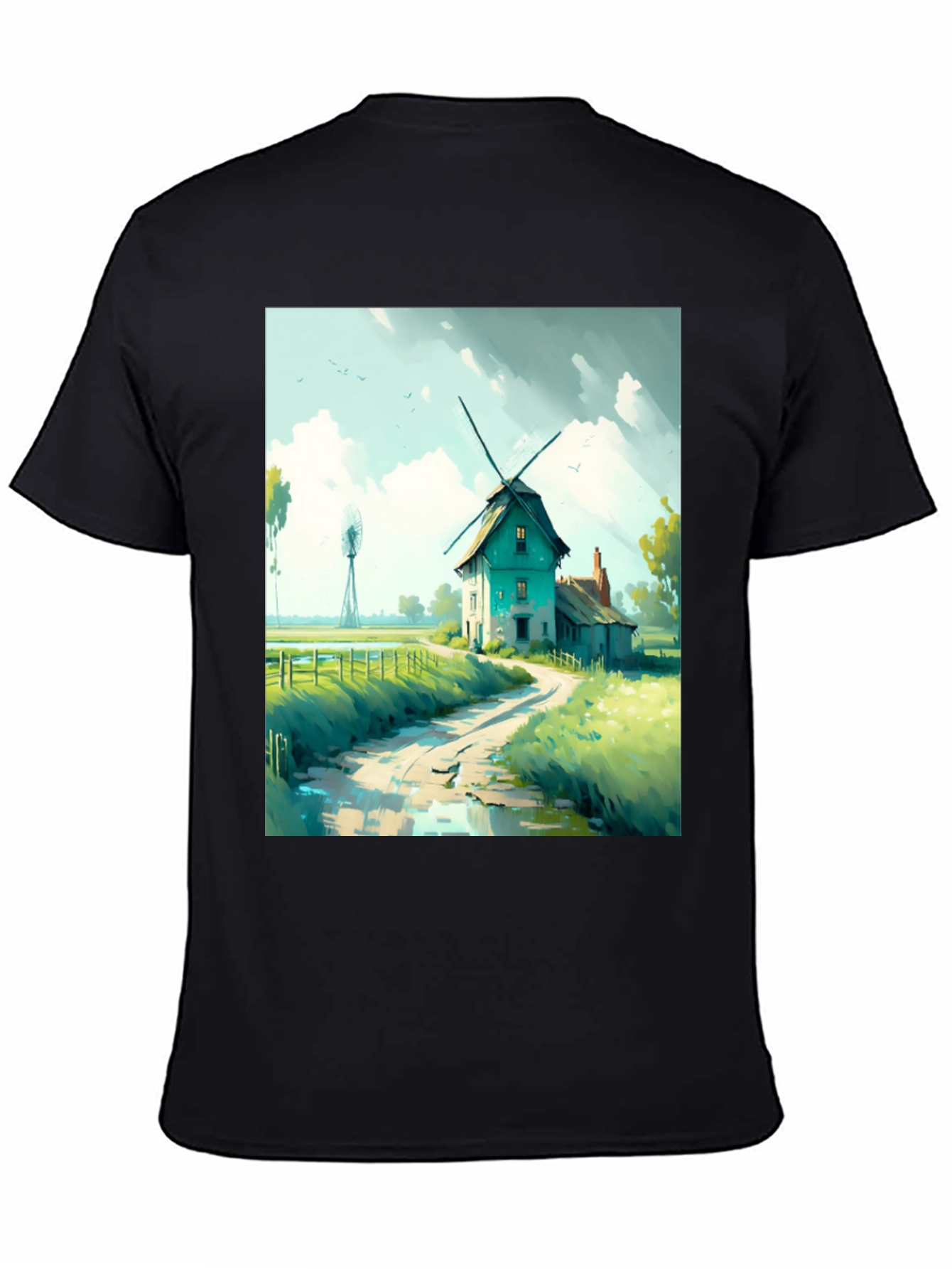 Windmill Landscape Graphic Tee - Black Cotton Blend