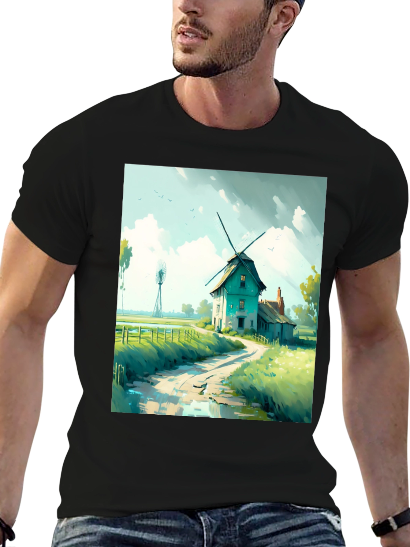 Windmill Landscape Graphic Tee - Black Cotton Blend