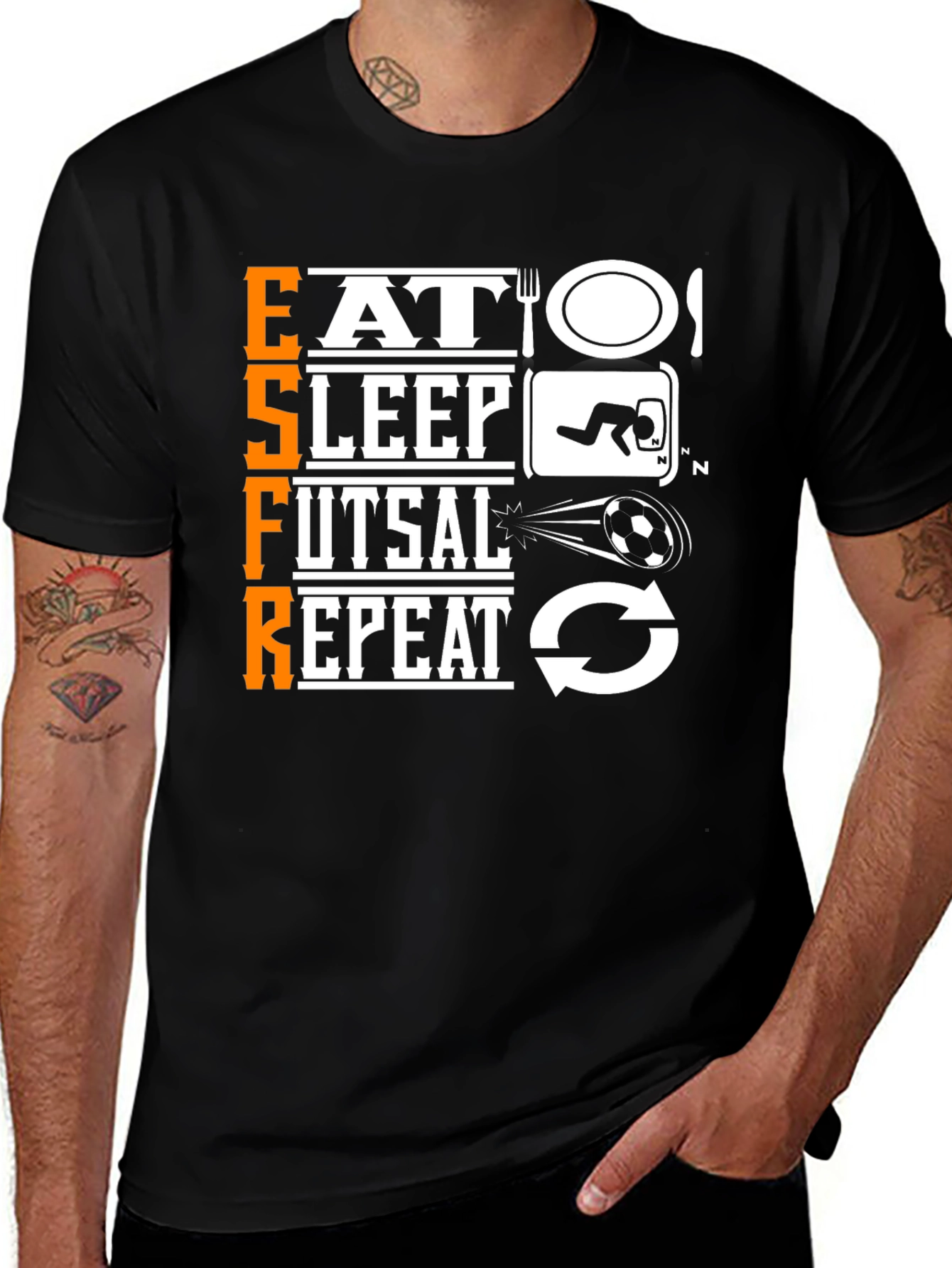 Eat Sleep Futsal Repeat Black Graphic T-Shirt