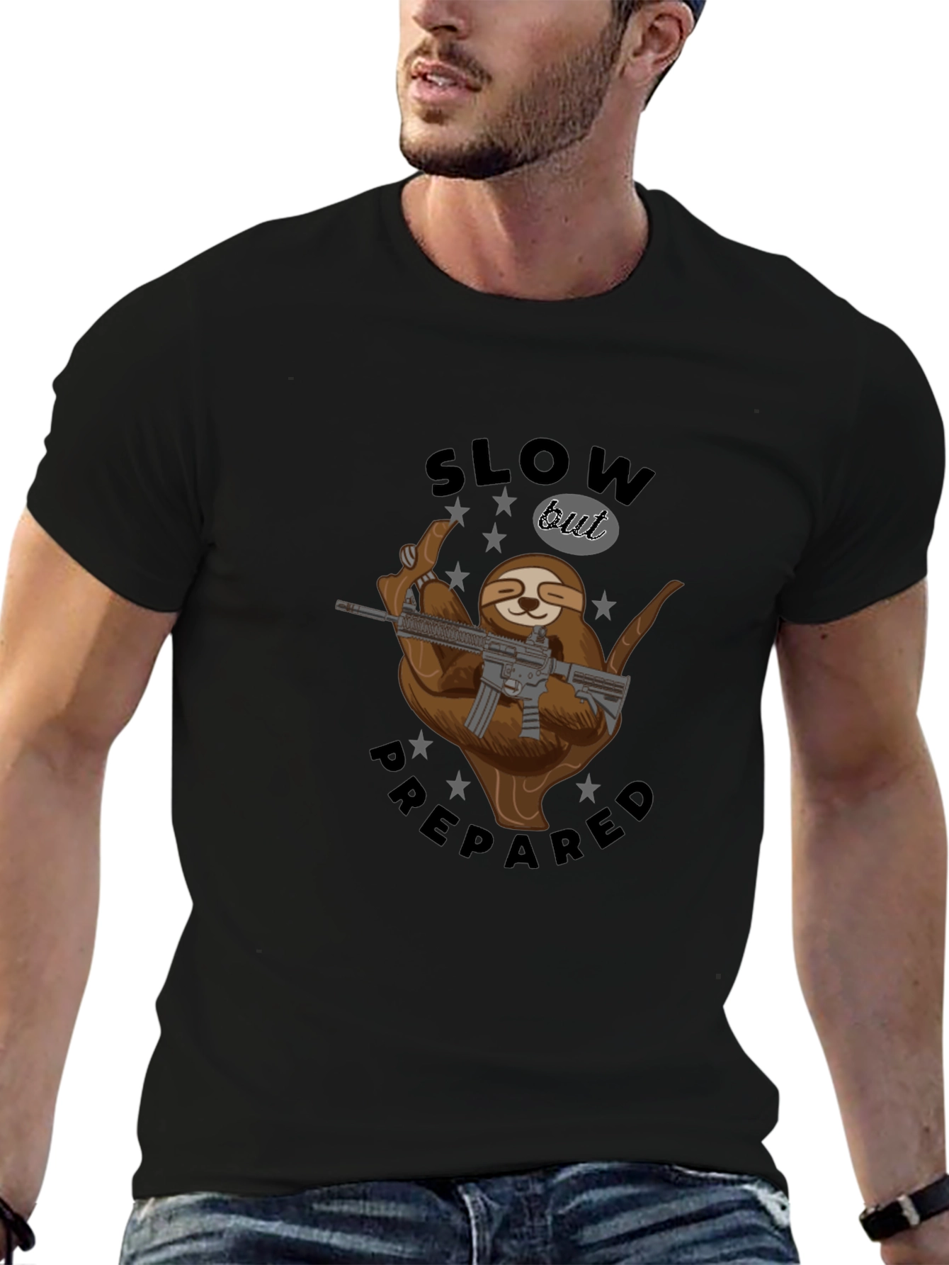 Slow But Prepared Sloth Graphic Tee - Black