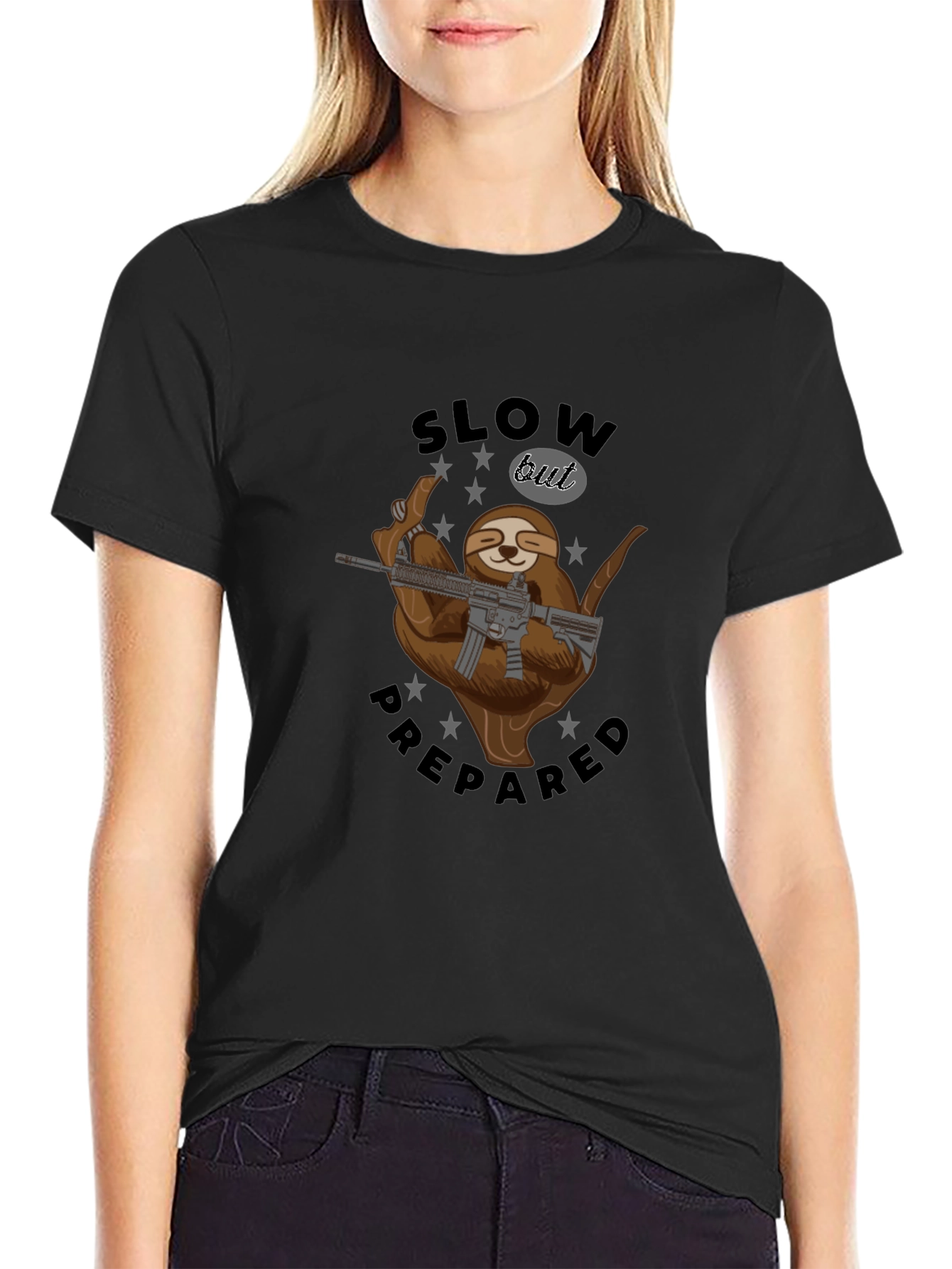 Slow But Prepared Sloth Graphic Tee - Black