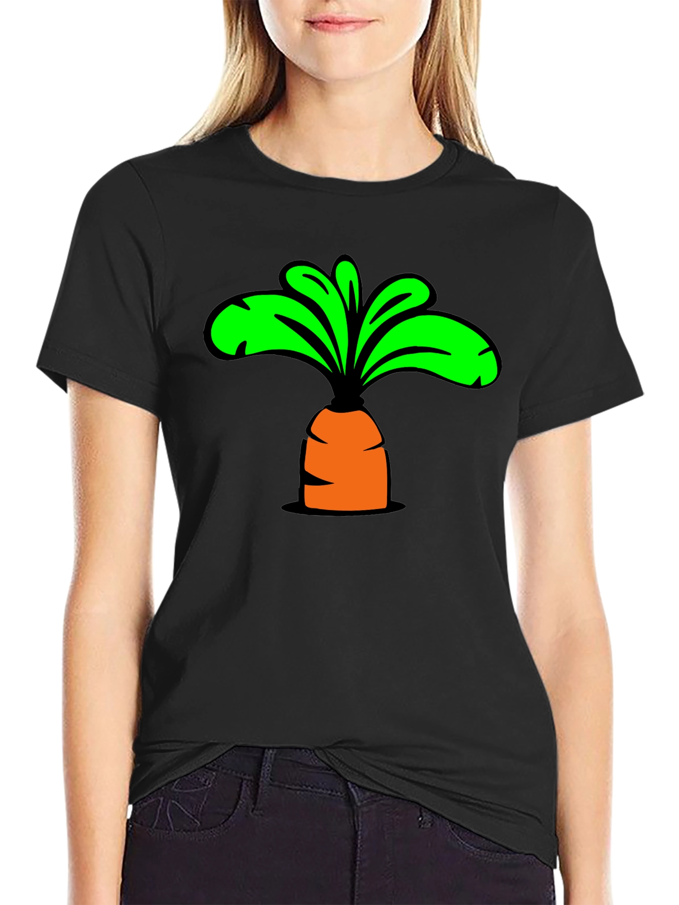 Cartoon Carrot Graphic Tee - Black Cotton T-Shirt