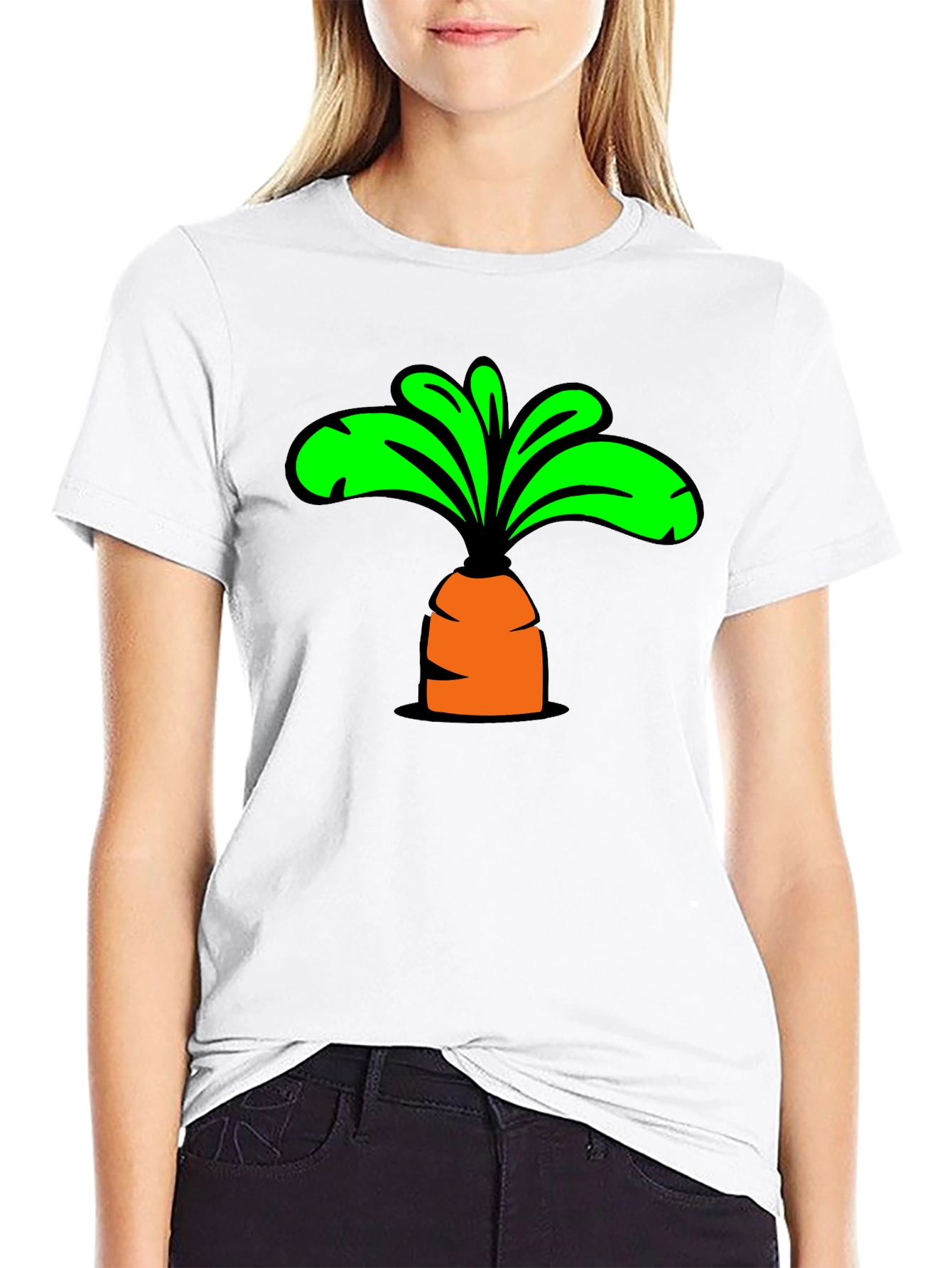 Cartoon Carrot Graphic Tee - Black Cotton T-Shirt