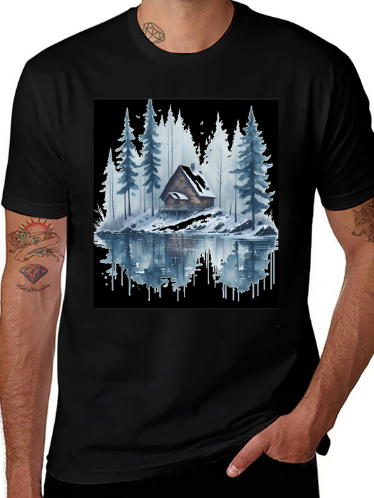 Cabin in the Woods Graphic Tee - Winter Lake Scene