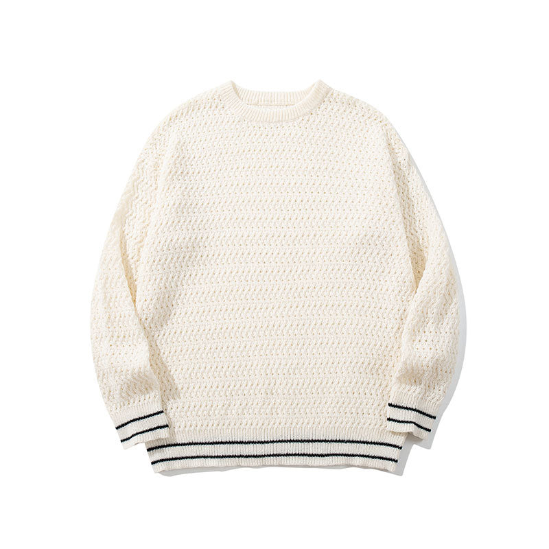 Style Solid Color Round Neck Hollow Knit Sweater Unisex Long Sleeve Loose Fit Casual Pullover