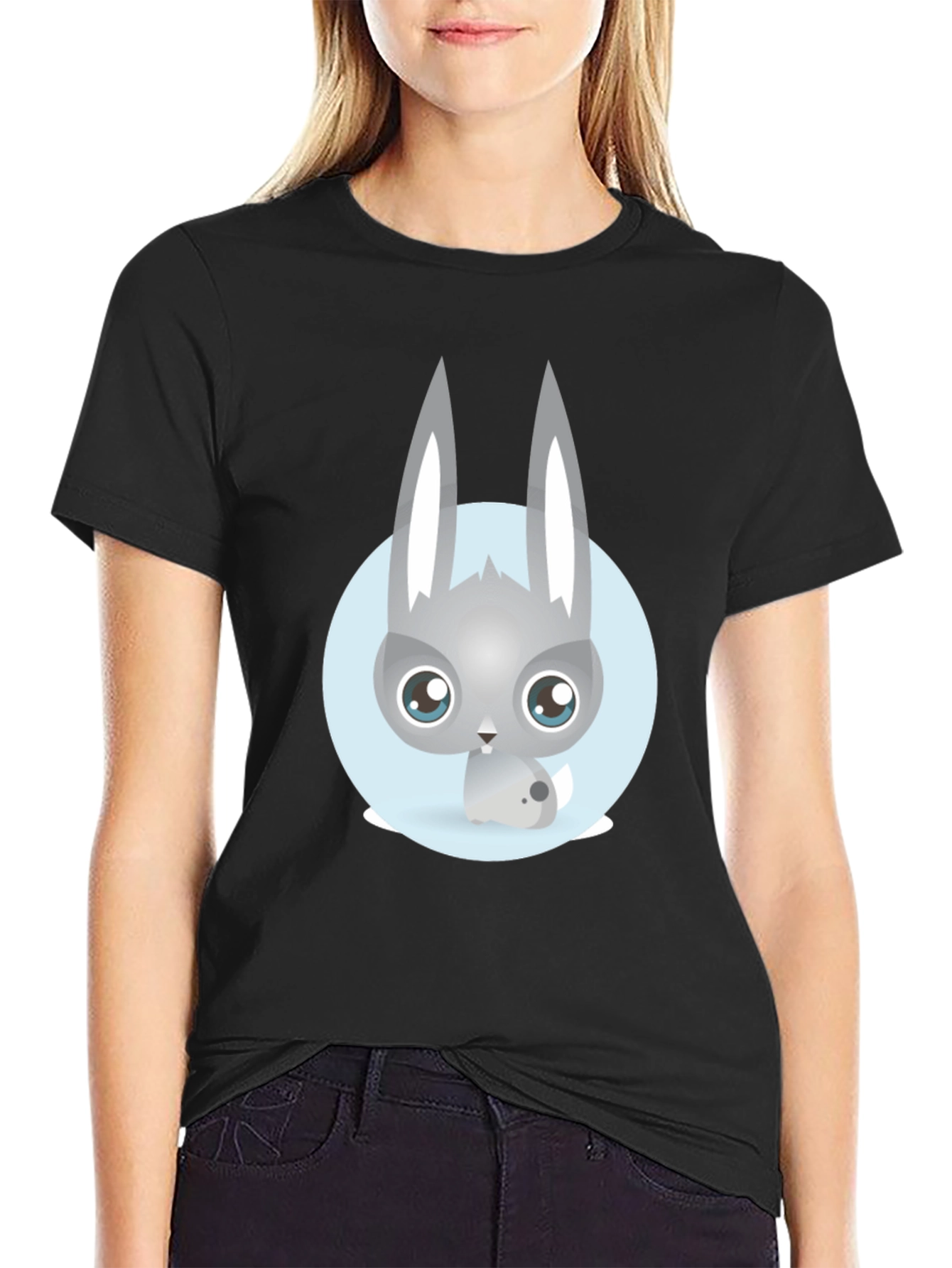Cute Rabbit Graphic T-Shirt - Casual Black Tee