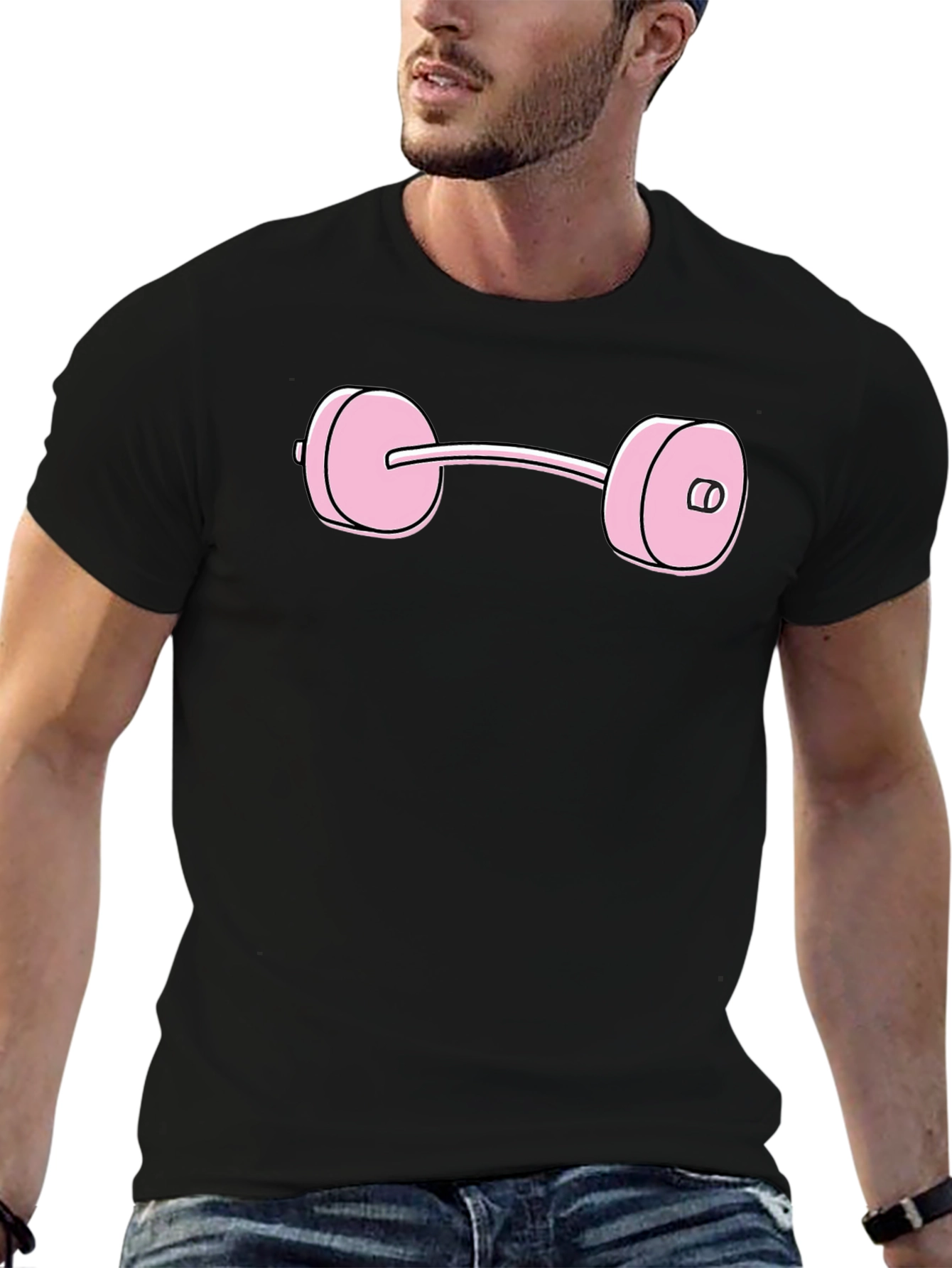 Pink Dumbbell Graphic Tee - Black Cotton T-Shirt