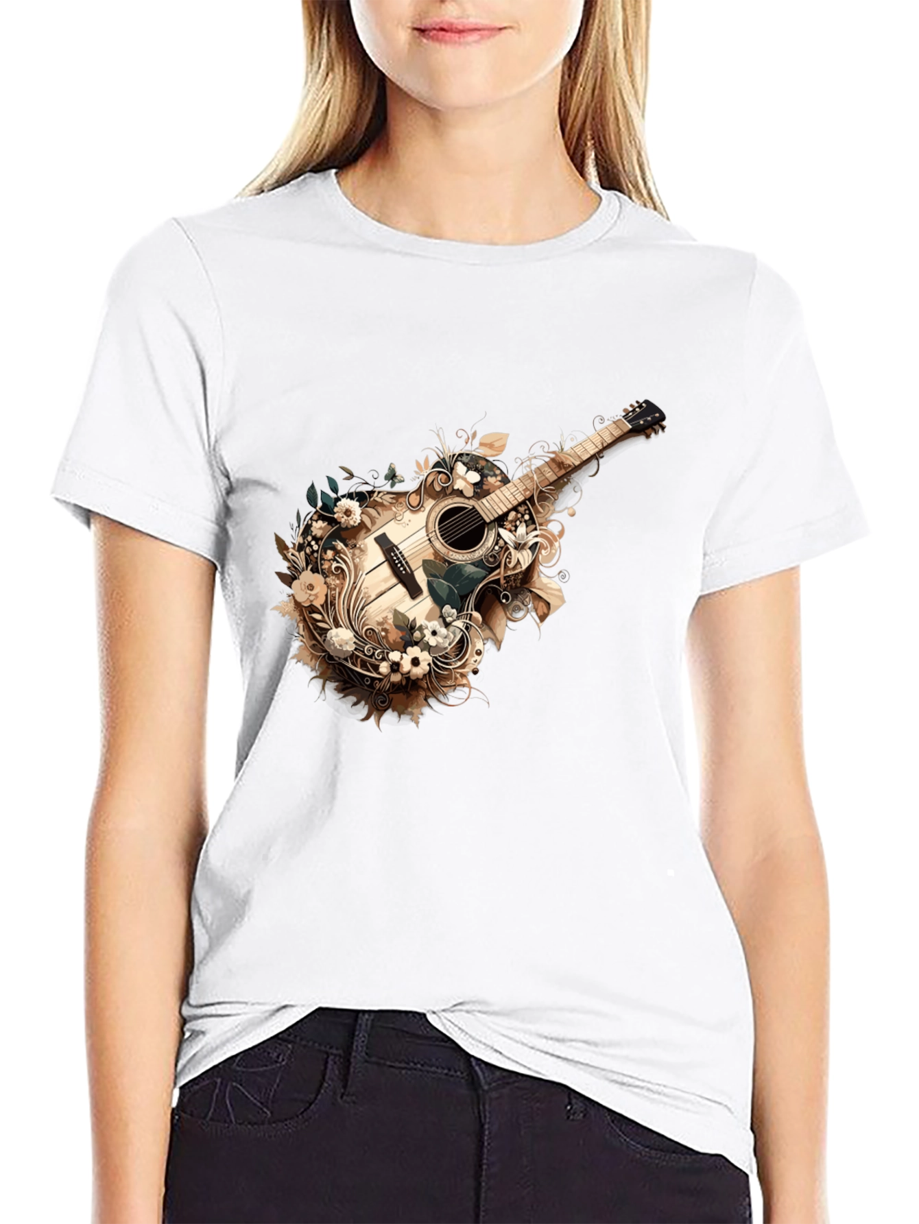 Floral Guitar Graphic Tee - Stylish Black T-Shirt