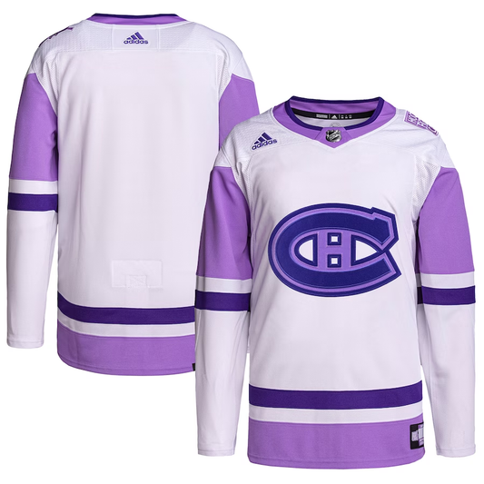 Men's Montreal Canadiens White/Purple Hockey Fights Cancer Primegreen Authentic Blank Practice Jerseys