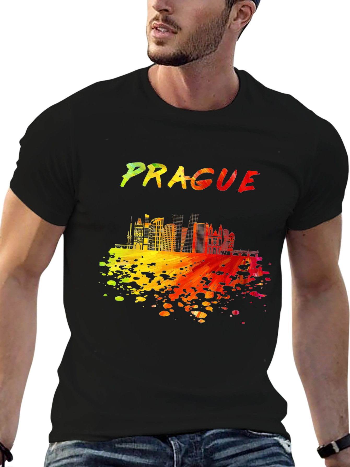 Prague Skyline Mens Black Graphic T-Shirt