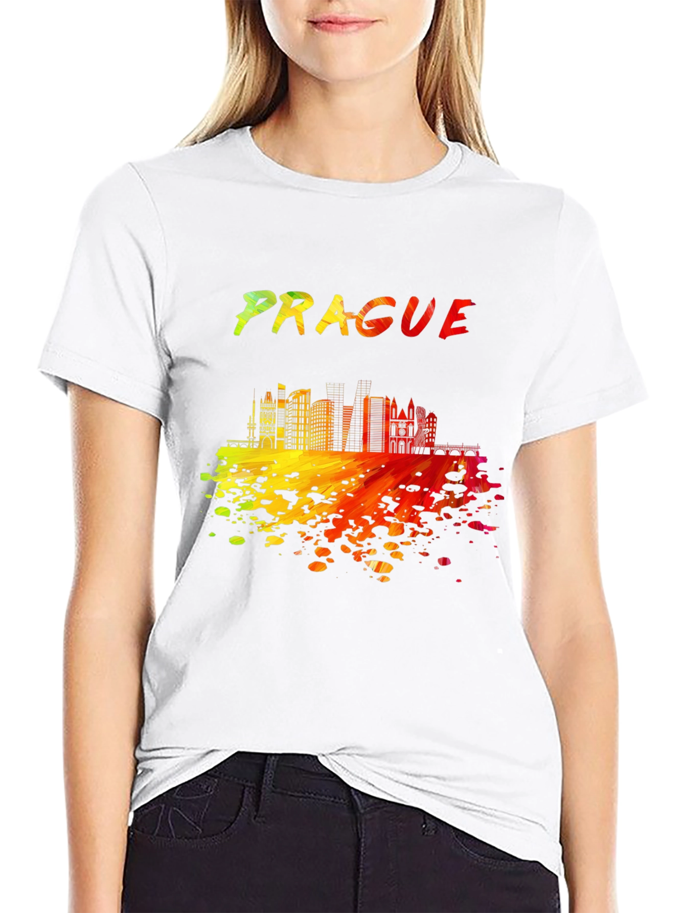 Prague Skyline Mens Black Graphic T-Shirt