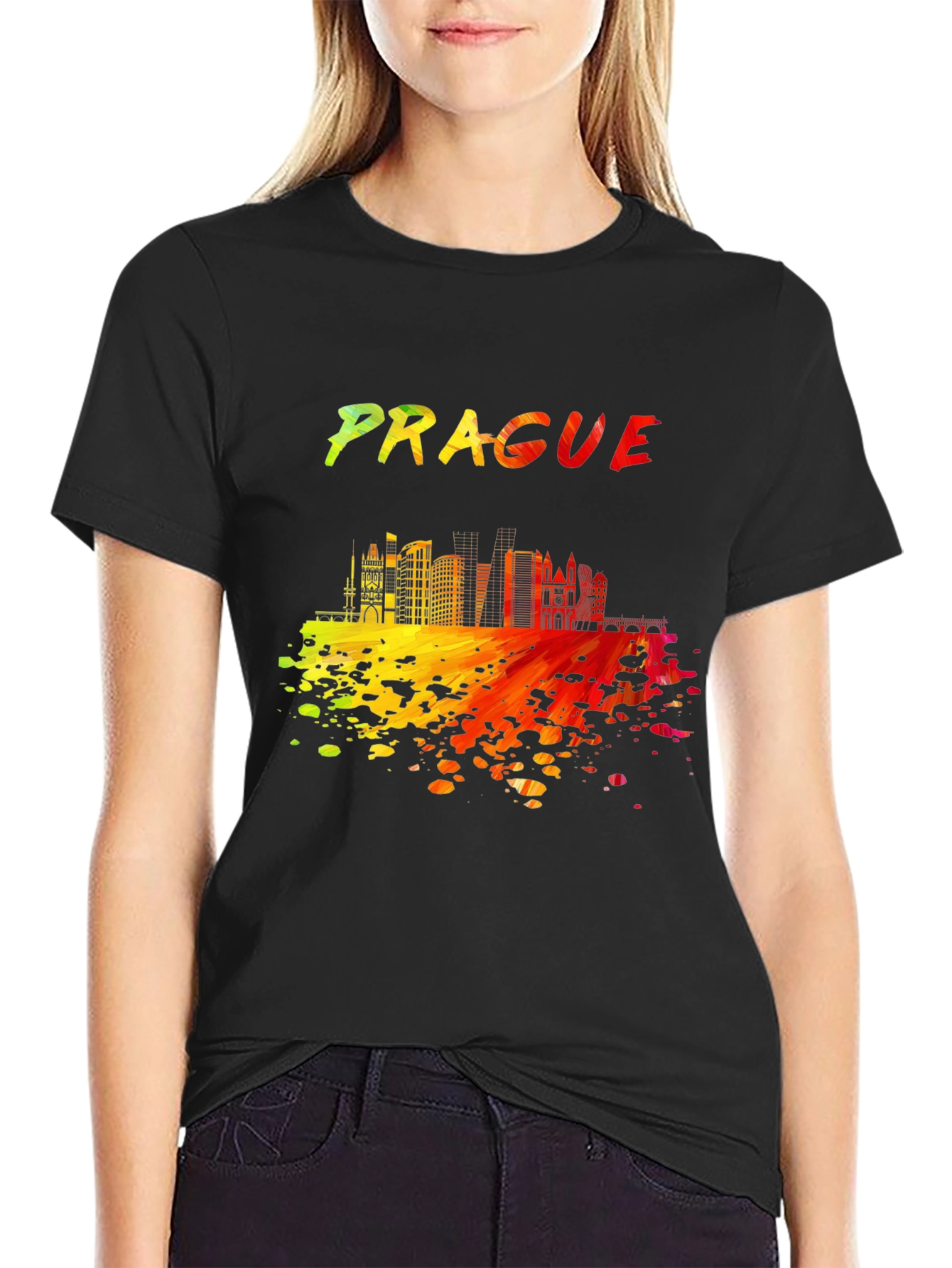 Prague Skyline Mens Black Graphic T-Shirt