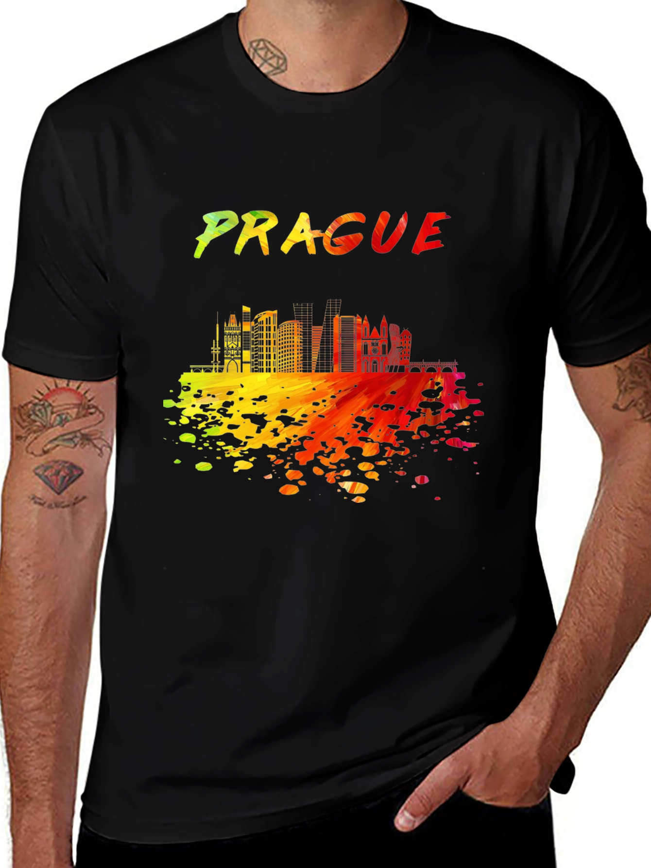 Prague Skyline Mens Black Graphic T-Shirt